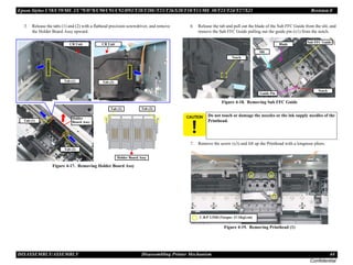 Epson Stylus C58/C59/ME 2/C79/D78/C90/C91/C92/D92/T20/T20E/T23/T26/S20/T10/T11/ME 30/T21/T24/T27/S21 Revision E
DISASSEMBLY/ASSEMBLY Disassembling Printer Mechanism 44
Confidential
5. Release the tabs (1) and (2) with a flathead precision screwdriver, and remove
the Holder Board Assy upward.
Figure 4-17. Removing Holder Board Assy
6. Release the tab and pull out the blade of the Sub FFC Guide from the slit, and
remove the Sub FFC Guide pulling out the guide pin (x1) from the notch.
Figure 4-18. Removing Sub FFC Guide
7. Remove the screw (x3) and lift up the Printhead with a longnose pliers.
Figure 4-19. Removing Printhead (1)
Tab (1)
Tab (2)
Holder
Board Assy.
Tab (1)
Holder Board Assy
Tab (2)
Tab (1)
CR Unit
Tab (2)
CR Unit
C A U T I O N Do not touch or damage the nozzles or the ink supply needles of the
Printhead.
Notch
Sub FFC Guide
Blade
Guide Pin
Notch
Slit
C.B.P 2.5X8 (Torque: 3±1Kgf.cm)
 