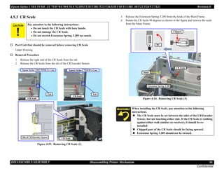 Epson Stylus C58/C59/ME 2/C79/D78/C90/C91/C92/D92/T20/T20E/T23/T26/S20/T10/T11/ME 30/T21/T24/T27/S21 Revision E
DISASSEMBLY/ASSEMBLY Disassembling Printer Mechanism 46
Confidential
4.5.3 CR Scale
† Part/Unit that should be removed before removing CR Scale
Upper Housing
† Removal Procedure
1. Release the right end of the CR Scale from the tab.
2. Release the CR Scale from the slit of the CR Encoder Sensor.
Figure 4-23. Removing CR Scale (1)
3. Release the Extension Spring 3.289 from the hook of the Main Frame.
4. Rotate the CR Scale 90 degrees as shown in the figure and remove the scale
from the Main Frame.
Figure 4-24. Removing CR Scale (3)
C A U T I O N Pay attention to the following instructions:
• Do not touch the CR Scale with bare hands.
• Do not damage the CR Scale.
• Do not stretch Extension Spring 3.289 too much.
CR Scale
Tab
CR Scale
Epson Stylus C79/D78’s Case
Slit of CR Encoder Sensor
Tab
CR Scale
Epson Stylus C58/C59/ME2’s Case
When installing the CR Scale, pay attention to the following
instructions.
„ The CR Scale must be set between the sides of the CR Encoder
Sensor, but not touching either side. If the CR Scale is rubbing
against either wall (emitter or receiver), it should be re-
installed.
„ Chipped part of the CR Scale should be facing upward.
„ Extension Spring 3.289 should not be twisted.
CR Scale
Extension Spring 3.289
Hook
Chipped
90 º
 