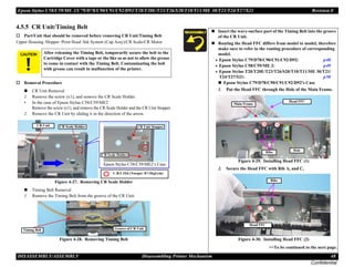 Epson Stylus C58/C59/ME 2/C79/D78/C90/C91/C92/D92/T20/T20E/T23/T26/S20/T10/T11/ME 30/T21/T24/T27/S21 Revision E
DISASSEMBLY/ASSEMBLY Disassembling Printer Mechanism 48
Confidential
4.5.5 CR Unit/Timing Belt
† Part/Unit that should be removed before removing CR Unit/Timing Belt
Upper Housing /Hopper /Print Head /Ink System (Cap Assy)/CR Scale/CR Motor
† Removal Procedure
„ CR Unit Removal
1. Remove the screw (x1), and remove the CR Scale Holder.
• In the case of Epson Stylus C58/C59/ME2
Remove the screw (x1), and remove the CR Scale Holder and the CR Unit Stopper.
2. Remove the CR Unit by sliding it in the direction of the arrow.
Figure 4-27. Removing CR Scale Holder
„ Timing Belt Removal
1. Remove the Timing Belt from the groove of the CR Unit.
.
Figure 4-28. Removing Timing Belt
C A U T I O N After releasing the Timing Belt, temporarily secure the belt to the
Cartridge Cover with a tape or the like so as not to allow the grease
to come in contact with the Timing Belt. Contaminating the belt
with grease can result in malfunction of the printer.
CR Scale Holder
CR Unit CR Unit Stopper
Epson Stylus C58/C59/ME2’s Case
C.B.S 3X6 (Torque: 8±1Kgf.cm)
CR Scale Holder
Groove of CR Unit
Timing Belt
„ Insert the wavy-surface part of the Timing Belt into the groove
of the CR Unit.
„ Routing the Head FFC differs from model to model, therefore
make sure to refer to the routing procedure of corresponding
model.
• Epson Stylus C79/D78/C90/C91/C92/D92: p48
• Epson Stylus C58/C59/ME 2: p49
• Epson Stylus T20/T20E/T23/T26/S20/T10/T11/ME 30/T21/
T24/T27/S21: p50
„ Epson Stylus C79/D78/C90/C91/C92/D92's Case
1. Put the Head FFC through the Hole of the Main Frame.
Figure 4-29. Installing Head FFC (1)
2. Secure the Head FFC with Rib A, and C.
Figure 4-30. Installing Head FFC (2)
>>To be continued to the next page.
Hole
Head FFC
Main Frame
Ribs
Ribs
Head FFC
 