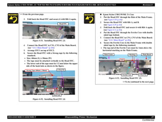 Epson Stylus C58/C59/ME 2/C79/D78/C90/C91/C92/D92/T20/T20E/T23/T26/S20/T10/T11/ME 30/T21/T24/T27/S21 Revision E
DISASSEMBLY/ASSEMBLY Disassembling Printer Mechanism 49
Confidential
>> From the previous page.
3. Fold back the Head FFC and secure it with Rib A again.
Figure 4-31. Installing Head FFC (3)
4. Connect the Head FFC to CN1, CN3 of the Main Board.
(see “4.4.1 Main Board” (p.40))
5. Arrange FFC1 on top of FFC2.
6. Secure the Head FFC with a Strong tape by the following
standard.
• Size: 60mm (L) x 18mm (W)
• The tape must be attached vertically to the Head FFC.
• The lower end of the tape must be 1-2 mm below the upper
side of the hook hole as shown in the figure.
Figure 4-32. Installing Head FFC (4)
Head FFC
1-2mm
FFC1
FFC2
CN1,CN3
Hook hole
Strong Tape (60mm x 18mm)
„ Epson Stylus C58/C59/ME 2's Case
1. Put the Head FFC through the Hole of the Main Frame.
(see Figure 4-29 (p.48))
2. Secure the Head FFC with Rib A, and B.
(see Figure 4-29 (p.48))
3. Fold back the Head FFC and secure it with Rib A again.
(see Figure 4-31 (p.49))
4. Put the Head FFC through the Ferrite Core with double
sided tape behind.
5. Connect the Head FFC to CN1, CN3 of the Main Board.
(see “4.4.1 Main Board” (p.40))
6. Secure the Ferrite Core to the Main Frame with double
sided tape by the following standard.
• The top end of the Ferrite Core must be 1mm above the
horizontal marking on the Main Frame.
Figure 4-33. Installing Head FFC (5)
>>To be continued to the next page.
1mm
Ferrite Core CN1,CN3
Main Frame Marking Main Board
 