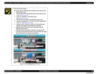 Epson Stylus C58/C59/ME 2/C79/D78/C90/C91/C92/D92/T20/T20E/T23/T26/S20/T10/T11/ME 30/T21/T24/T27/S21 Revision E
DISASSEMBLY/ASSEMBLY Disassembling Printer Mechanism 50
Confidential
>> From the previous page.
„ Epson Stylus T20/T20E/T23/T26/S20/T10/T11/ME 30/T21/
T24/T27/S21's Case
1. Put the Head FFC through the Hole of the Main Frame.
(see Figure 4-29 (p.48))
2. Secure it with Rib A, then fold it back.
(see Figure 4-29 (p.48))
3. Put the FFC1 and FFC2 through the Ferrite Core.
4. Connect the Head FFC to CN1, CN3 of the Main Board.
(see “4.4.1 Main Board” (p.40))
5. Secure the FFC and the Ferrite Core with strong tape
(60mm) according to the standard given below.
• Align the top of the Ferrite Core in parallel with the
marking shown below.
• The tape must be attached vertically to the Head FFC.
• The lower end of the tape must be 3-4 mm below the upper
side of the hook hole as shown in the figure.
Figure 4-34. Installing Head FFC (6)
Strong Tape (60mm x 18mm)
Hook hole
3-4mm
Marking
CN1,CN3
Ferrite Core
FFC1
FFC2
 