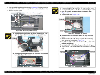 Epson Stylus C58/C59/ME 2/C79/D78/C90/C91/C92/D92/T20/T20E/T23/T26/S20/T10/T11/ME 30/T21/T24/T27/S21 Revision E
DISASSEMBLY/ASSEMBLY Disassembling Printer Mechanism 52
Confidential
10. Pull out the Ink Tube and the Tube Stopper (Figure 4-43) from the connector
of the Waste Ink Pads, and draw out the tube from the hole of the Frame Base.
11. Remove the pump system.
Figure 4-39. Removing Ink System (3)
„ When installing the Cap Assy, be sure to attach the Ink Tube
up to the edge as shown below without any space between.
Figure 4-40. Installing Ink Tube
„ When inserting the Ink Tube into the connector, be careful not
to touch the Paper Back Lever.
Figure 4-41. Paper Back Lever behind Ink Tube
Ink Tube Connector of Waste Ink Pad
Hole of Frame Base
Ink Tube
Ink Tube Paper Back Lever
„ When installing the Cap Assy, follow the steps described below.
1. Arrange the tube between the ribs as shown in the figure below.
2. Place the Cap Assy and match the tabs (x2) and lock them.
(Figure 4-34)
3. Attach the Ink Tube. (Figure 4-38)
Figure 4-42. Installing Ink System
„ When installing the Pump Assy, follow the steps described
below.
1. Match the tabs (x2) of the Pump Assy with the positioning
holes (x2) of the Frame Base. (Figure 4-36)
2. Insert the Ink Tube into the hole of the Frame Base, and insert the
tube into the connector.
3. Arrange the tube with the Tube Stopper as shown in the figure.
4. Attach the Ink Tube into the hole of the connector of Waste Ink
Pad.
Figure 4-43. Installing Ink Tube(2)
Ink Tube
Ribs
Ink Tube
10±1 mm
Connector
Tube Stopper
 