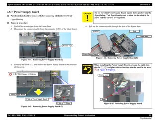Epson Stylus C58/C59/ME 2/C79/D78/C90/C91/C92/D92/T20/T20E/T23/T26/S20/T10/T11/ME 30/T21/T24/T27/S21 Revision E
DISASSEMBLY/ASSEMBLY Disassembling Printer Mechanism 53
Confidential
4.5.7 Power Supply Board
† Part/Unit that should be removed before removing LD Roller/ASF Unit
Upper Housing
† Removal procedure
1. Peel off the acetate tape from the Frame Base.
2. Disconnect the connector cable from the connector (CN8) of the Main Board.
Figure 4-44. Removing Power Supply Board (1)
3. Remove the screw (x1), and remove the Power Supply Board in the direction
of the arrow.
Figure 4-45. Removing Power Supply Board (2)
4. Pull out the connector cable through the hole of the Frame Base.
Figure 4-46. Removing Power Supply Board (3)
CN8
Acetate Tape
C.B.P 3X6 (Torque: 6±1Kgf.cm)
Power Supply Board
Cable of Power Supply Board
Cable of PF Motor
C A U T I O N Do not turn the Power Supply Board upside down as shown in the
figure below. This figure is only used to show the location of the
parts and the harness arrangement.
When installing the Power Supply Board, arrange the cable into
the slit , and place the ferrite core into the hook in the area
of Figure 4-45 (p.53).
Figure 4-47. Installing Power Supply Board
Power Supply Board
Hole
Connector Cable
Frame Base
Bottom
Ferrite core
Hook
 