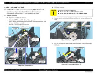 Epson Stylus C58/C59/ME 2/C79/D78/C90/C91/C92/D92/T20/T20E/T23/T26/S20/T10/T11/ME 30/T21/T24/T27/S21 Revision E
DISASSEMBLY/ASSEMBLY Disassembling Printer Mechanism 59
Confidential
4.5.10 LD Roller/ASF Unit
† Part/Unit that should be removed before removing LD Roller/ASF Unit
Upper Housing /Hopper /Main Board /Main Frame /EJ Frame Assy. /
Print Head /CR Scale/CR Motor/CR Unit/Timing Belt/Ink System
† Removal procedure
„ Preparation for LD Roller Removal
1. Rotate the LD Roller until the flat part faces upwards.
2. Insert a tweezer or a screwdriver into the slot as shown in the figure to hold
the Paper Back Lever outwards.
3. Move the Carriage Lock Lever outwards.
Figure 4-65. Preparation (1)
„ LD Roller Removal
4. Release the tabs (x2) of the LD Roller shaft from the bearing, and loosen the
shaft.
Figure 4-66. Removing LD Roller (1)
5. Pull out the LD Roller shaft from the frame of the ASF Unit and remove the
LD Roller.
Figure 4-67. Removing LD Roller (2)
Tweezer
Carriage
Lock Lever
Flat part
LD Roller Paper Back Lever
Carriage
Lock Lever
C A U T I O N Be cautious of the following points.
„ Do not touch the LD Roller with bare hands.
„ Do not touch the roller of ASF Unit with bare hands.
Tabs LD Roller
Frame of ASF Unit
LD Roller
 