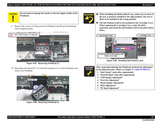 Epson Stylus C58/C59/ME 2/C79/D78/C90/C91/C92/D92/T20/T20E/T23/T26/S20/T10/T11/ME 30/T21/T24/T27/S21 Revision E
DISASSEMBLY/ASSEMBLY Procedure Specific to Epson Stylus C58/C59/ME 2 66
Confidential
9. Remove the screws (x3) that secure the Printhead, and lift up the Printhead
with a longnose pliers.
Figure 4-87. Removing Printhead (1)
10. Disconnect the Head FFC (x1) from the connector (x1) on the Printhead, and
remove the Printhead.
Figure 4-88. Removing Printhead (2)
C A U T I O N Do not touch or damage the nozzles or the ink supply needles of the
Printhead.
C.B.P 2.5X8 (Torque: 3±1Kgf.cm)
Head FFC
Printhead
„ When installing the Holder Board Assy, make sure to check if
the assy is properly installed in the right position. The assy is
likely to be installed in the wrong position.
„ The Ink Position Label is not included in the Cartridge Cover.
When replacing the Cartridge Cover, order the label
separately and attach the Ink Position Label to the place shown
below.
Figure 4-89. Installing Ink Position Label
A D J U S T M E N T
R E Q U I R E D
After removing/replacing the Printhead, perform the adjustment
in the following order. (Refer to Chapter 5 “ADJUSTMENT”)
1. “Ink Charge” (only after replacement)
2. “Head ID Input” (only after replacement)
3. “TOP Margin Adjustment”
4. “First Dot Adjustment”
5. “Head Angular Adjustment”
6. “Bi-D Adjustment”
7. “PF Band Adjustment”
Cartridge Cover
Ink Position Label
Install the label in this position with
Black to the right.
 