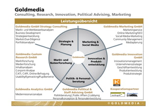Goldmedia GmbH Strategy Consulting
Goldmedia
Consulting, Research, Innovation, Political Advising, Marketing
Leistungsüber...