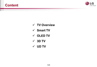 1/30
Content
? TV Overview
? Smart TV
? OLED TV
? 3D TV
? UD TV
 