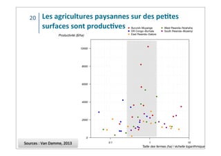 Les	
  agricultures	
  paysannes	
  sur	
  des	
  pe2tes	
  
surfaces	
  sont	
  produc2ves
20
Sources	
  :	
  Van	
  Damme,	
  2013
●
0.1 1 10
0
2000
4000
6000
8000
10000
●
●
●
●
●
●
●
●
●
●
●
●
●
●
●
●
●
●
●
●
●
● ●
●
●● ●
●
●
●
●
●
●
●
●
●
●
●
●
●
●
●
●
●
●
●
●
●
●
●
●
●
Taille des fermes (ha) / échelle logarithmique
Productivité ($/ha)
●
●
●
●
●
Burundi−Muyange
DR Congo−Burhale
East Rwanda−Gatore
West Rwanda−Nzahaha
South Rwanda−Musenyi
 