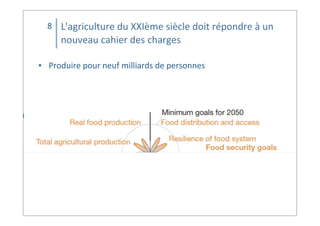 L'agriculture	
  du	
  XXIème	
  siècle	
  doit	
  répondre	
  à	
  un	
  
nouveau	
  cahier	
  des	
  charges
• Produire	
  pour	
  neuf	
  milliards	
  de	
  personnes
8
 