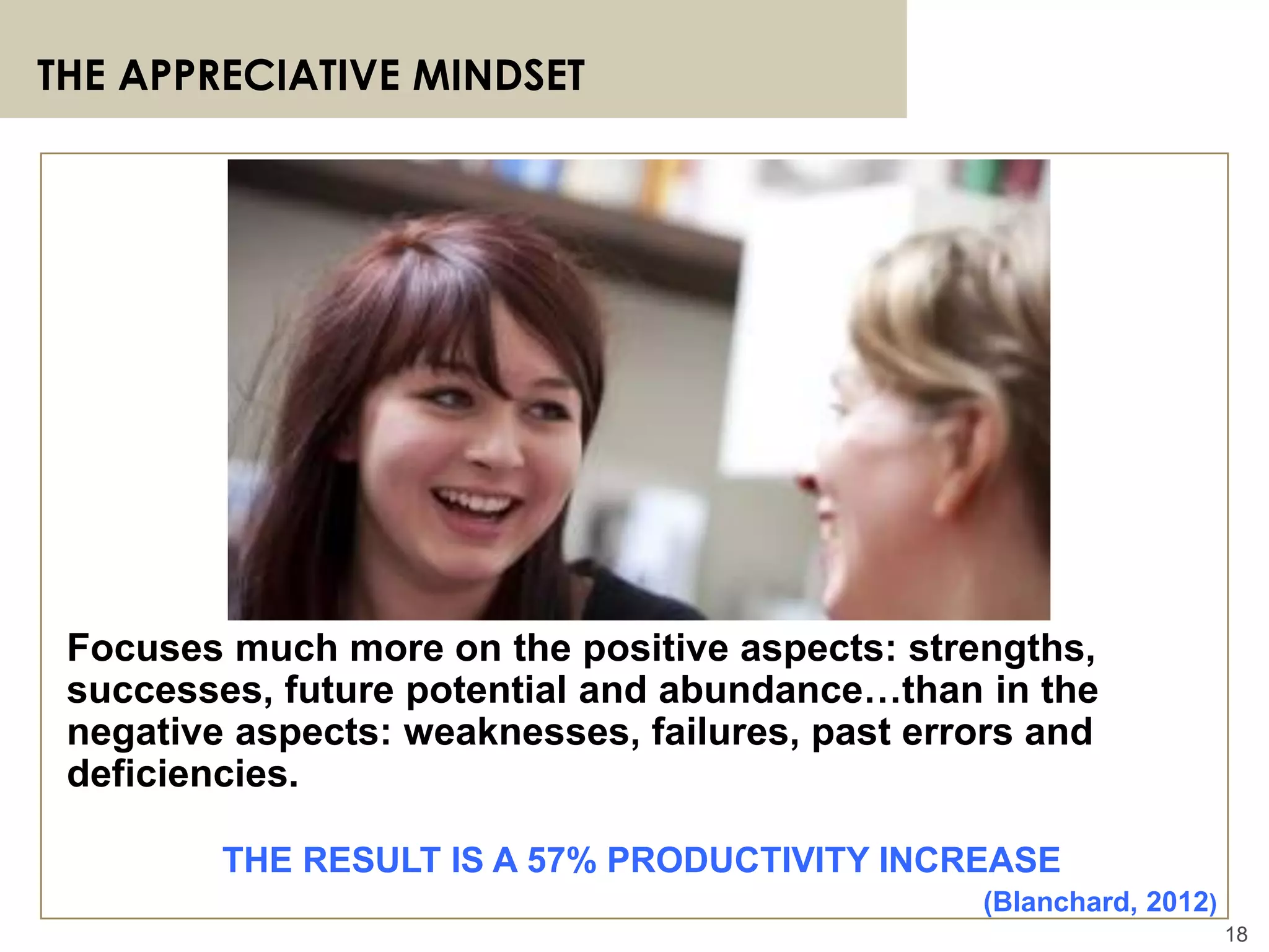 18
THE APPRECIATIVE MINDSET
Focuses much more on the positive aspects: strengths,
successes, future potential and abundance…than in the
negative aspects: weaknesses, failures, past errors and
deficiencies.
THE RESULT IS A 57% PRODUCTIVITY INCREASE
(Blanchard, 2012)
 