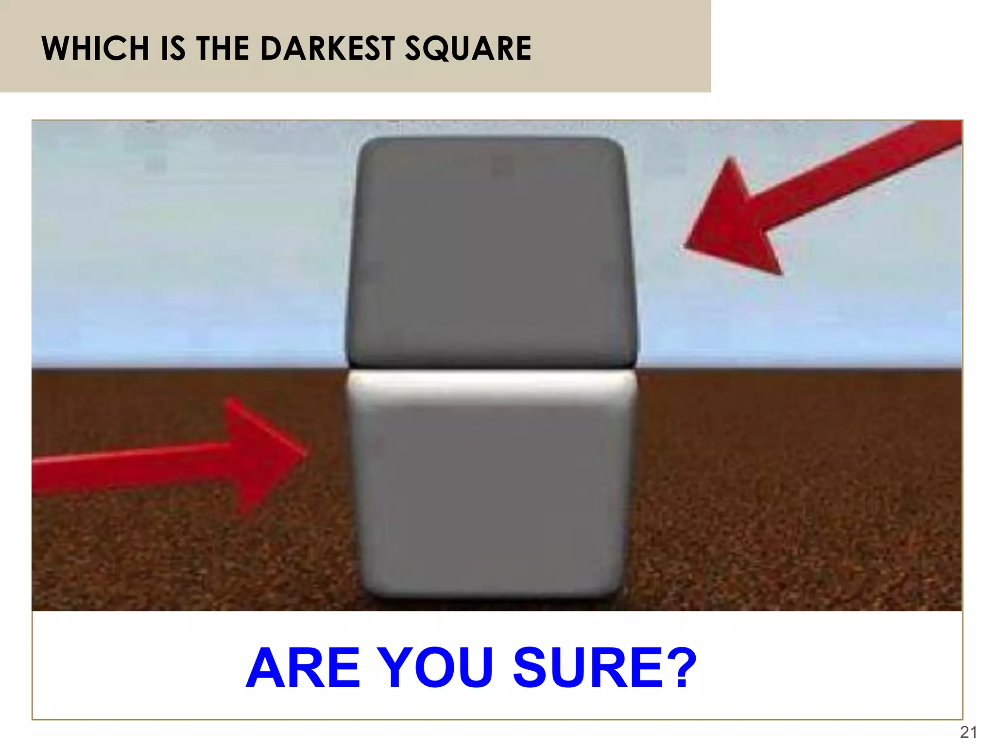 21
WHICH IS THE DARKEST SQUARE
ARE YOU SURE?
 
