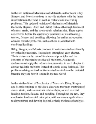 Comprehensive Solution Manual for Mechanics of Materials 6th Edition by Riley, Sturges, and ...