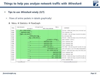 forensicinsight.org Page 12
Things to help you analyze network traffic with Wireshark
 Tips to use Wireshark wisely (3/7)
• Flows of entire packets in details graphically!
 Menu  Statistics  FlowGraph
 