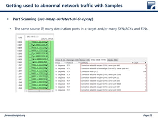 forensicinsight.org Page 22
Getting used to abnormal network traffic with Samples
 Port Scanning (sec-nmap-osdetect-sV-O-v.pcap)
• The same source IP, many destination ports in a target and/or many SYN/ACKs and FINs.
 