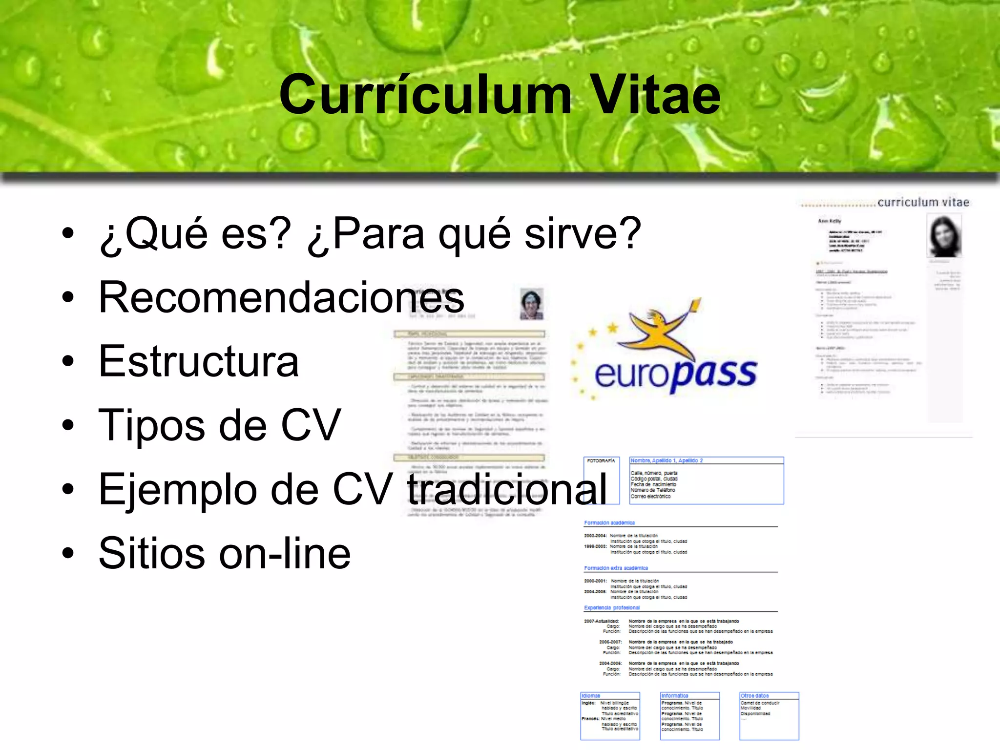 Currículum Vitae 
• ¿Qué es? ¿Para qué sirve? 
• Recomendaciones 
• Estructura 
• Tipos de CV 
• Ejemplo de CV tradicional 
• Sitios on-line 
 