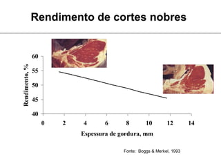 Rendimento de cortes nobres
40
45
50
55
60
0 2 4 6 8 10 12 14
Espessura de gordura, mm
Rendimento,%
Fonte: Boggs & Merkel, 1993
 