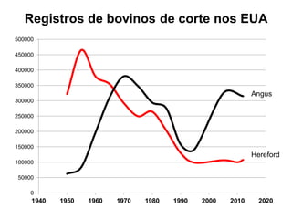 0
50000
100000
150000
200000
250000
300000
350000
400000
450000
500000
1940 1950 1960 1970 1980 1990 2000 2010 2020
Angus
Hereford
Registros de bovinos de corte nos EUA
 