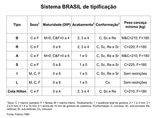 Sistema BRASIL de tipificação
1Sexo: C = macho castrado; F = fêmea; M = macho inteiro. 2Acabamento: 1 = ausência total de gordura; 2 = 1 a 3 mm; 3 =
3 a 6 mm; 4 = 6 a 10 mm; 5 = acima de 10 mm de gordura de cobertura. 3Conformação: C, convexo; Sc, sub-convexo; Re,
retilíneo; Sr, sub-retilíneo; Co, côncavo.
Fonte: Felício,1999
Tipo Sexo1
Maturidade (DIP) Acabamento2
Conformação3 Peso carcaça
mínimo (kg)
B C e F M=0, C&F=0 a 4 2, 3 e 4 C, Sc e Re M&C=210, F=180
R C e F 0 a 6 2, 3 e 4 C, Sc, Re e Sr C=220, F=180
A C e F M=0, C&F=0 a 6 1 e 5 C, Sc, Re e Sr M&C=210, F=180
S C e F 0 a 8 1 a 5 C, Sc, Re e Sr C=225, F=180
I M, C, F 0 a 8 1 a 5 C, Sc, Re e Sr Sem restrições
L M, C, F 0 a 8 1 a 5 Co Sem restrições
Cota Hilton C e F 0 a 4 2, 3 e 4 C, Sc e Re C=210, F=180
 