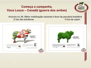 Começa a campanha.
Vaca Louca – Canadá (guerra dos aviões)
Anúncio no JN. Maior mobilização nacional a favor da pecuária brasileira
O boi das bandeiras O boi de capim
 