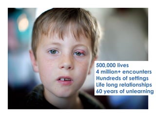 500,000 lives
4 million+ encounters
Hundreds of settings
Life long relationships
60 years of unlearning
 