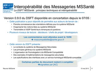 Réunion MSSanté 1115 mai 2013
Version 0.9.0 du DSFT disponible en concertation depuis le 07/05 :
• Cette publication a pour objectifs de permettre aux acteurs de terrain de :
• Prendre connaissance des orientations définies pour le système MSSanté
• S’approprier les notions liées au système MSSanté
• Transmettre à l’ASIP Santé leurs remarques et questions
• Plusieurs niveaux de lecture : décideurs / chefs de projet / développeurs
• Cette version du DSFT présente :
• Le contexte du système de Messageries Sécurisées
• Les principes généraux du système MSSanté
• L’organisation de l’homologation à la MSSanté Compatibilité
• Des exemples d’implémentations de messageries sécurisées
• Les spécifications des interfaces avec un service homologué MSSanté-compatible
Interopérabilité des Messageries MSSanté
Le DSFT MSSanté : principes techniques et interopérabilité
Certaines parties du document restent à compléter
signalées par [AC]
Les commentaires sont attendus avant le 16/06
 msscompatibilite@sante.gouv.fr
 
