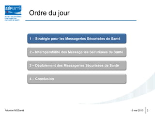 Ordre du jour
Réunion MSSanté
1 – Stratégie pour les Messageries Sécurisées de Santé
3 – Déploiement des Messageries Sécurisées de Santé
215 mai 2013
2 – Interopérabilité des Messageries Sécurisées de Santé
4 – Conclusion
 