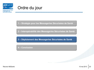 Ordre du jour
Réunion MSSanté 2015 mai 2013
1 – Stratégie pour les Messageries Sécurisées de Santé
3 – Déploiement des Messageries Sécurisées de Santé
2 – Interopérabilité des Messageries Sécurisées de Santé
4 – Conclusion
 