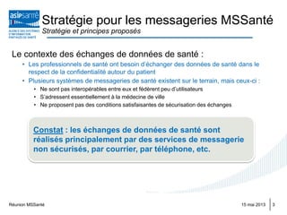 Réunion MSSanté 315 mai 2013
Le contexte des échanges de données de santé :
• Les professionnels de santé ont besoin d’échanger des données de santé dans le
respect de la confidentialité autour du patient
• Plusieurs systèmes de messageries de santé existent sur le terrain, mais ceux-ci :
• Ne sont pas interopérables entre eux et fédèrent peu d’utilisateurs
• S’adressent essentiellement à la médecine de ville
• Ne proposent pas des conditions satisfaisantes de sécurisation des échanges
Stratégie pour les messageries MSSanté
Stratégie et principes proposés
Constat : les échanges de données de santé sont
réalisés principalement par des services de messagerie
non sécurisés, par courrier, par téléphone, etc.
 