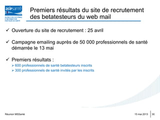  Ouverture du site de recrutement : 25 avril
 Campagne emailing auprès de 50 000 professionnels de santé
démarrée le 13 mai
 Premiers résultats :
 600 professionnels de santé betatesteurs inscrits
 300 professionnels de santé invités par les inscrits
15 mai 2013Réunion MSSanté 30
Premiers résultats du site de recrutement
des betatesteurs du web mail
 