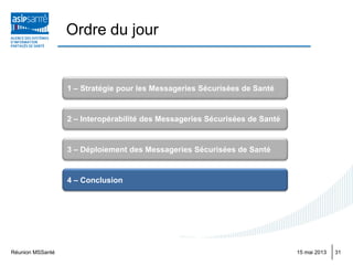 Ordre du jour
Réunion MSSanté 3115 mai 2013
1 – Stratégie pour les Messageries Sécurisées de Santé
3 – Déploiement des Messageries Sécurisées de Santé
2 – Interopérabilité des Messageries Sécurisées de Santé
4 – Conclusion
 