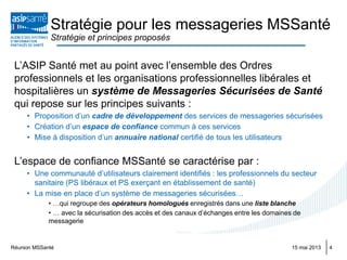Réunion MSSanté 415 mai 2013
L’ASIP Santé met au point avec l’ensemble des Ordres
professionnels et les organisations professionnelles libérales et
hospitalières un système de Messageries Sécurisées de Santé
qui repose sur les principes suivants :
• Proposition d’un cadre de développement des services de messageries sécurisées
• Création d’un espace de confiance commun à ces services
• Mise à disposition d’un annuaire national certifié de tous les utilisateurs
L’espace de confiance MSSanté se caractérise par :
• Une communauté d’utilisateurs clairement identifiés : les professionnels du secteur
sanitaire (PS libéraux et PS exerçant en établissement de santé)
• La mise en place d’un système de messageries sécurisées…
• …qui regroupe des opérateurs homologués enregistrés dans une liste blanche
• … avec la sécurisation des accès et des canaux d’échanges entre les domaines de
messagerie
Stratégie pour les messageries MSSanté
Stratégie et principes proposés
 