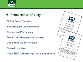 Procurement Policy
• 33 Key Policy Principles
• Best affordable value for money
• Responsible Procurement
• Formal market engagement strategy
• Use of Project Bank Accounts
• No cash retentions
• Use of NEC suite with ‘light touch amendments
 