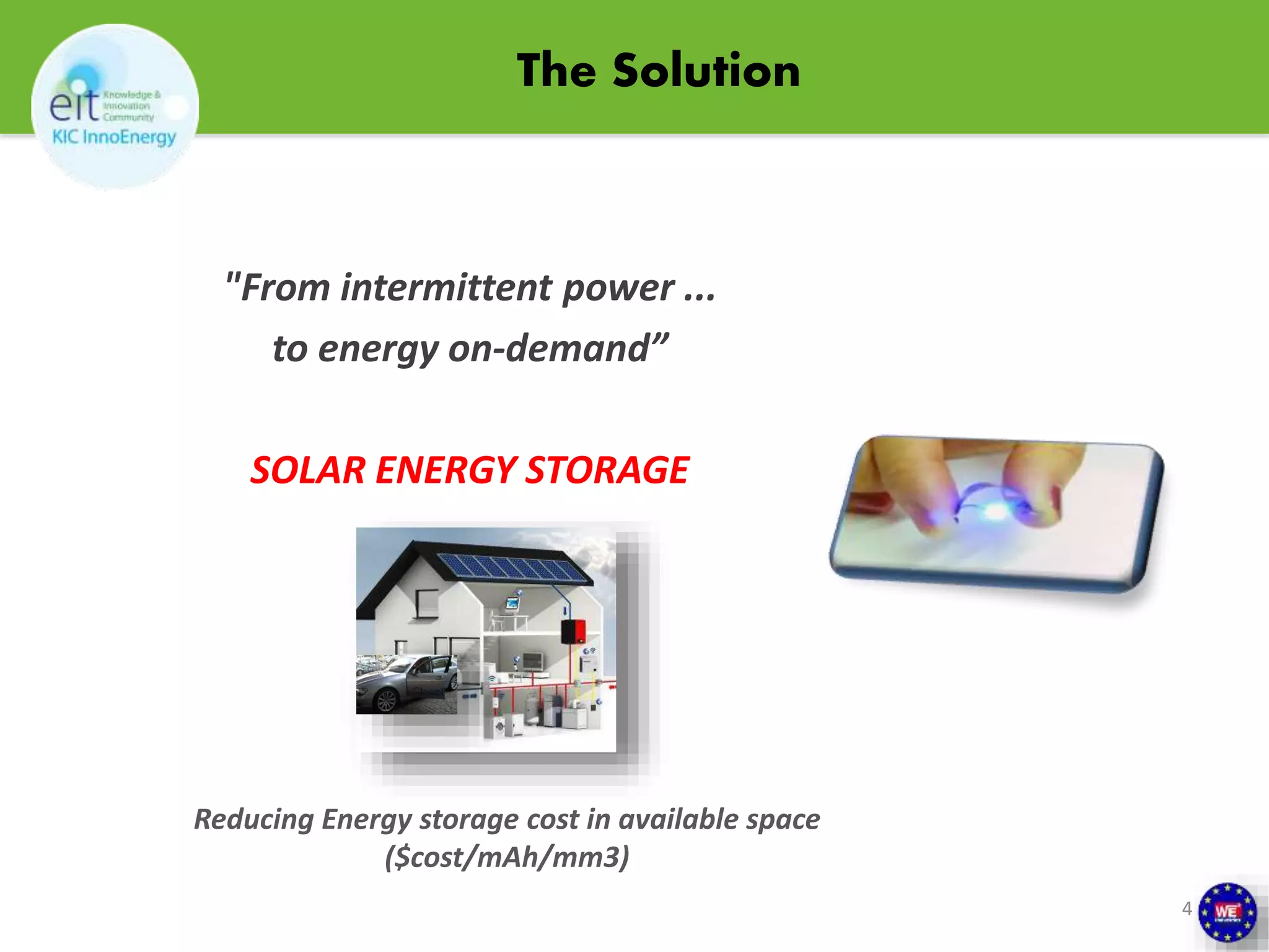 The Solution 
"From intermittent power ... 
to energy on-demand” 
SOLAR ENERGY STORAGE 
4 
Reducing Energy storage cost in available space 
($cost/mAh/mm3) 
 
