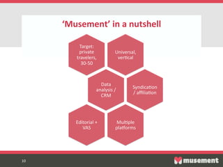 10  
‘Musement’  in  a  nutshell  
  
10  
Universal,  
verFcal   	

Target:  
private  
travelers,  
30-­‐50  
Data  
analysis  /  
CRM  
	

 SyndicaFon  
/  aﬃliaFon  
MulFple  
plaKorms   	

Editorial  +  
VAS  
 