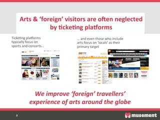 8	

sss
8
Arts  &  ‘foreign’  visitors  are  oKen  neglected  
by  5cke5ng  plaLorms  
  TickeFng  plaKorms  
typically  focus  on  
sports  and  concerts…  
…  and  even  those  who  include  
arts  focus  on  ‘locals’  as  their  
primary  target  
We  improve  ‘foreign’  travellers’  
experience  of  arts  around  the  globe  
 