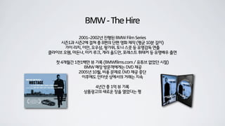 BMW-TheHire
2001~2002년 진행된 BMW Film Series
시즌1과 시즌2에 걸쳐 총 8편의 단편 영화 제작 (평균 10분 길이)
가이 리치, 이안, 오우삼, 왕가위, 토니 스콧 등 유명감독 연출
클라이브 오웬, 마돈나, 미키 루크, 게리 올드만, 포레스트 휘태커 등 유명배우 출연
첫 4개월간 1천1백만 뷰 기록 (BMWfilms.com / 유튜브 없었던 시절)
BMW 매장 방문객에게는 DVD 제공
2005년 10월, 비용 문제로 DVD 제공 중단
이후에도 인터넷 상에서의 거래는 지속
4년간 총 1억 뷰 기록
상품광고의 새로운 장을 열었다는 평
 