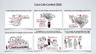 CocaColaContent2020
CreativeExcellence로부터ContentExcellence으로이동 전염성이너무도강해서컨트롤할수없는(Liquid)컨텐츠아이디어 비즈목표,브랜드,소비자의관심과연결되는(Linked)아이디어
Liquid&Linked컨텐츠아이디어를통해1년365일소비자와대화
테크를활용함으로써On-Demand하는아이디어를구현
(BestBuy,IKEA,Volkswagen등벤치마킹,테크회사와관계유지)
다이나믹스토리텔링:멀티채널을통해통합적브랜드경험을
시스템적으로제공하는브랜드컨텐츠아이디어요소의개발
 