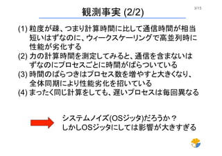 3/13	
観測事実 (2/2)	
(1) 粒度が疎、つまり計算時間に比して通信時間が相当
短いはずなのに、ウィークスケーリングで高並列時に
性能が劣化する
(2) 力の計算時間を測定してみると、通信を含まないは
ずなのにプロセスごとに時間がばらついている
(3) 時間のばらつきはプロセス数を増やすと大きくなり、
全体同期により性能劣化を招いている
(4) まったく同じ計算をしても、遅いプロセスは毎回異なる
システムノイズ(OSジッタ)だろうか？
しかしOSジッタにしては影響が大きすぎる	
 