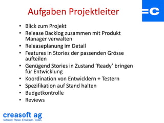 Aufgaben Projektleiter
• Blick zum Projekt
• Release Backlog zusammen mit Produkt
Manager verwalten
• Releaseplanung im De...