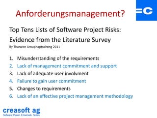Anforderungsmanagement?
Top Tens Lists of Software Project Risks:
Evidence from the Literature Survey
By Tharwon Arnuphapt...