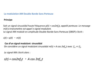 La modulation AM Double Bande Sans Porteuse
Principe
Soit un signal sinusoïdal haute fréquence p(t) = cos2πf0t, appelé porteuse. Le message
m(t) à transmettre est appel´e signal modulant.
Le signal AM modulé en amplitude Double Bande Sans Porteuse (DBSP) s’écrit :
s(t) = p(t) ・ m(t)
Cas d’un signal modulant sinusoïdal
On considère un signal modulant sinusoïdal m(t) = A cos 2πfmt avec fm << f0.
Le signal AM s’écrit alors :
s(t) = cos2πf0t ・ A cos 2πfmt
 