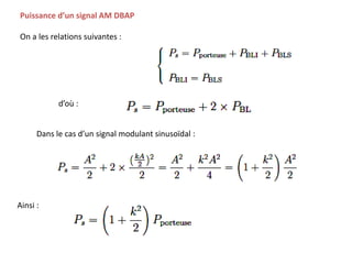 Puissance d’un signal AM DBAP
On a les relations suivantes :
Dans le cas d’un signal modulant sinusoïdal :
d’où :
Ainsi :
 