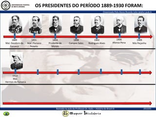 Organizado Pelo Aluno Ricardo Julio Jatahy Laub Jr.
2013/01Baseado na aula do Professor Dr. Kadu – História do Brasil III
1889
Mal. Deodoro da
Fonseca
1891
Mal. Floriano
Peixoto
1894
Prudente de
Morais
1898
Campos Sales
1902
Rodrigues Alves
1906
Afonso Pena
1910
Mal.
Hermes da Fonseca
1909
Nilo Peçanha
OS PRESIDENTES DO PERÍODO 1889-1930 FORAM:
 