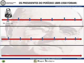 Organizado Pelo Aluno Ricardo Julio Jatahy Laub Jr.
2013/01Baseado na aula do Professor Dr. Kadu – História do Brasil III
1889
Mal. Deodoro da
Fonseca
OS PRESIDENTES DO PERÍODO 1889-1930 FORAM:
 