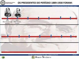Organizado Pelo Aluno Ricardo Julio Jatahy Laub Jr.
2013/01Baseado na aula do Professor Dr. Kadu – História do Brasil III
1889
Mal. Deodoro da
Fonseca
1891
Mal. Floriano
Peixoto
OS PRESIDENTES DO PERÍODO 1889-1930 FORAM:
 