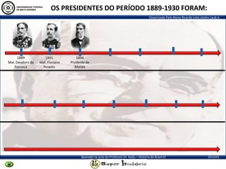 Organizado Pelo Aluno Ricardo Julio Jatahy Laub Jr.
2013/01Baseado na aula do Professor Dr. Kadu – História do Brasil III
1889
Mal. Deodoro da
Fonseca
1891
Mal. Floriano
Peixoto
1894
Prudente de
Morais
OS PRESIDENTES DO PERÍODO 1889-1930 FORAM:
 