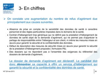 3- En chiffres
 On constate une augmentation du nombre de refus d’agrément due
principalement aux causes suivantes.
• Absence de prise en compte de la sensibilité des données de santé à caractère
personnel et des règles particulières imposées dans le domaine de la santé.
• Contrat d’hébergement trop générique qui ne définit pas la prestation d’hébergement de
données de santé objet de la demande d’agrément, qui ne permet pas d’apprécier le
partage de responsabilités entre l’hébergeur et son client, ni même les mesures mises en
œuvre pour garantir la sécurité et la confidentialité des données.
• Défaut de description des mesures de sécurité mises en œuvre pour garantir la sécurité
de la prestation d’hébergement proposée ( formulaire P6).
• Des dossiers qui ne répondent pas à l’ensemble des exigences du référentiel des
dossiers de demande d’agrément.
Le dossier de demande d’agrément est déclaratif. Le candidat doit
donc démontrer sa capacité à offrir un service d’hébergement qui
garantit la sécurité et la confidentialité des données de santé.
HIT 28 mai 2013 26
 