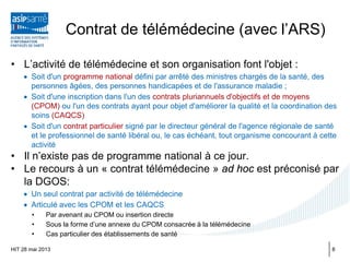 Contrat de télémédecine (avec l’ARS)
• L’activité de télémédecine et son organisation font l'objet :
• Soit d'un programme national défini par arrêté des ministres chargés de la santé, des
personnes âgées, des personnes handicapées et de l'assurance maladie ;
• Soit d'une inscription dans l'un des contrats pluriannuels d'objectifs et de moyens
(CPOM) ou l'un des contrats ayant pour objet d'améliorer la qualité et la coordination des
soins (CAQCS)
• Soit d'un contrat particulier signé par le directeur général de l'agence régionale de santé
et le professionnel de santé libéral ou, le cas échéant, tout organisme concourant à cette
activité
• Il n’existe pas de programme national à ce jour.
• Le recours à un « contrat télémédecine » ad hoc est préconisé par
la DGOS:
• Un seul contrat par activité de télémédecine
• Articulé avec les CPOM et les CAQCS
• Par avenant au CPOM ou insertion directe
• Sous la forme d’une annexe du CPOM consacrée à la télémédecine
• Cas particulier des établissements de santé
HIT 28 mai 2013 8
 
