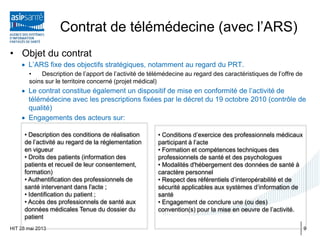 Contrat de télémédecine (avec l’ARS)
• Objet du contrat
• L’ARS fixe des objectifs stratégiques, notamment au regard du PRT.
• Description de l’apport de l’activité de télémédecine au regard des caractéristiques de l’offre de
soins sur le territoire concerné (projet médical)
• Le contrat constitue également un dispositif de mise en conformité de l’activité de
télémédecine avec les prescriptions fixées par le décret du 19 octobre 2010 (contrôle de
qualité)
• Engagements des acteurs sur:
HIT 28 mai 2013
• Description des conditions de réalisation
de l’activité au regard de la réglementation
en vigueur
• Droits des patients (information des
patients et recueil de leur consentement,
formation)
• Authentification des professionnels de
santé intervenant dans l'acte ;
• Identification du patient ;
• Accès des professionnels de santé aux
données médicales Tenue du dossier du
patient
• Conditions d’exercice des professionnels médicaux
participant à l’acte
• Formation et compétences techniques des
professionnels de santé et des psychologues
• Modalités d'hébergement des données de santé à
caractère personnel
• Respect des référentiels d’interopérabilité et de
sécurité applicables aux systèmes d’information de
santé
• Engagement de conclure une (ou des)
convention(s) pour la mise en oeuvre de l’activité.
9
 
