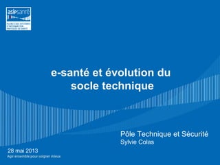 e-santé et évolution du
socle technique
28 mai 2013
Pôle Technique et Sécurité
Sylvie Colas
 